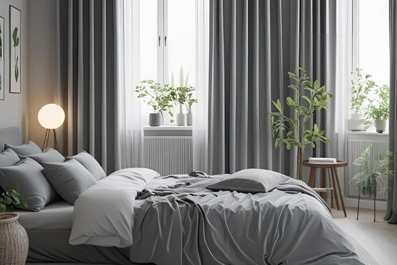 gri yatak odası için uygun perde