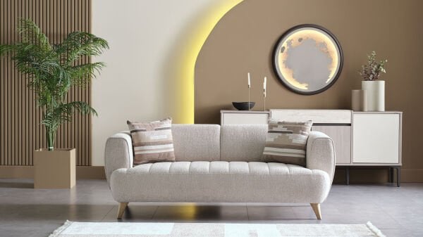 Mona İkili Koltuk - Bej - Meşe Renk Ayak