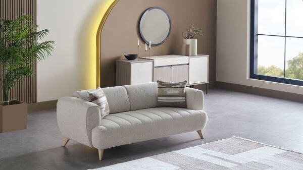 Mona İkili Koltuk - Bej - Meşe Renk Ayak