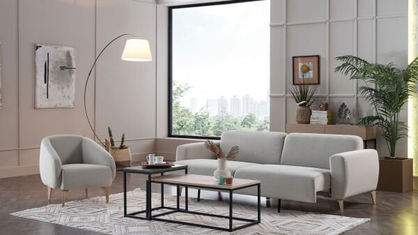 Orleon Üçlü Koltuk - Vizon - Meşe Renk Ayak