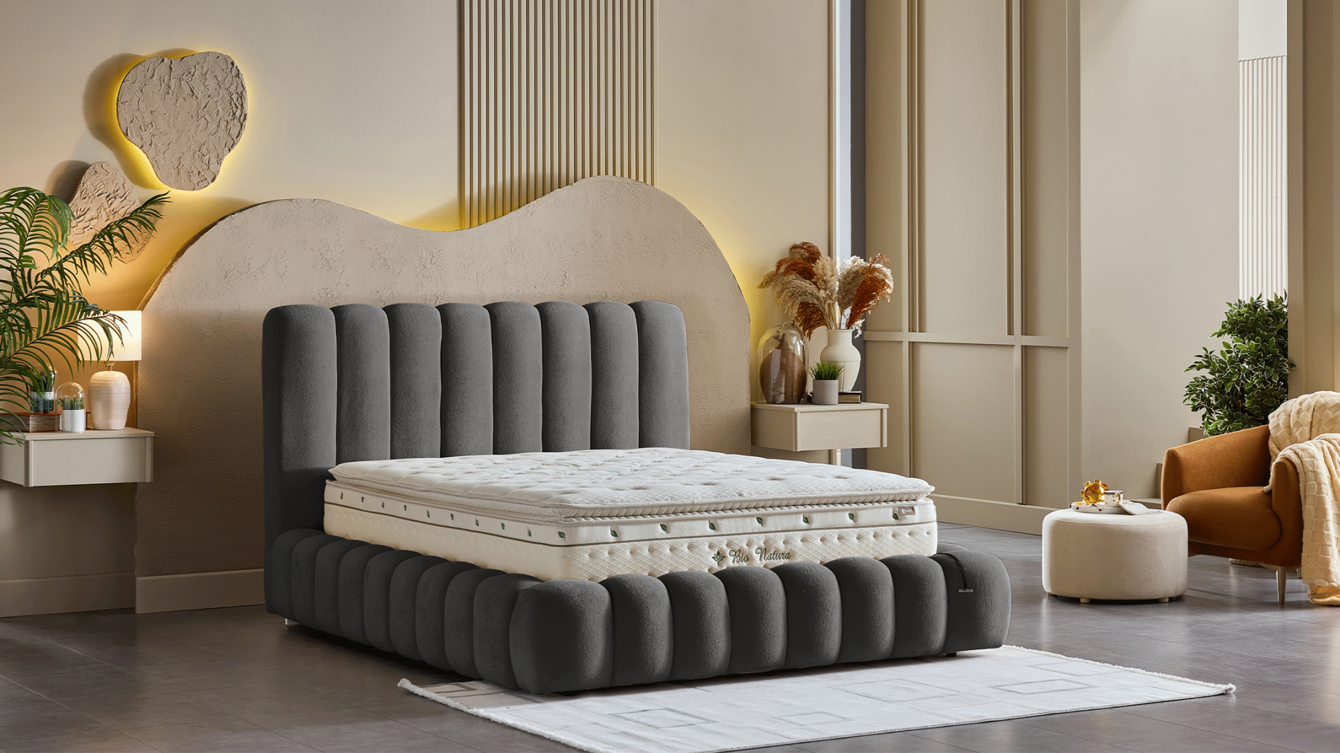 Bio Natura Başlıklı Karyola Seti - Antrasit 160X200