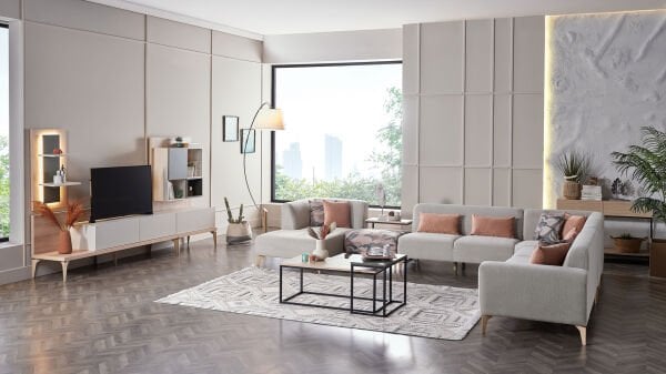 Orleon Köşe Takımı Modüler - Vizon - Meşe Renk Ayak