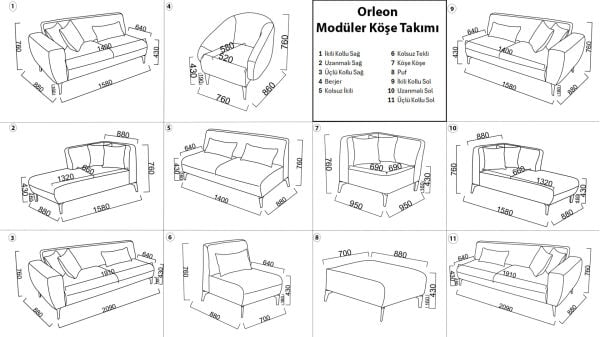 Orleon Köşe Takımı Modüler - Vizon - Meşe Ayak