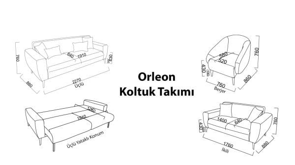 Orleon Üçlü Koltuk - Vizon - Siyah Ayak