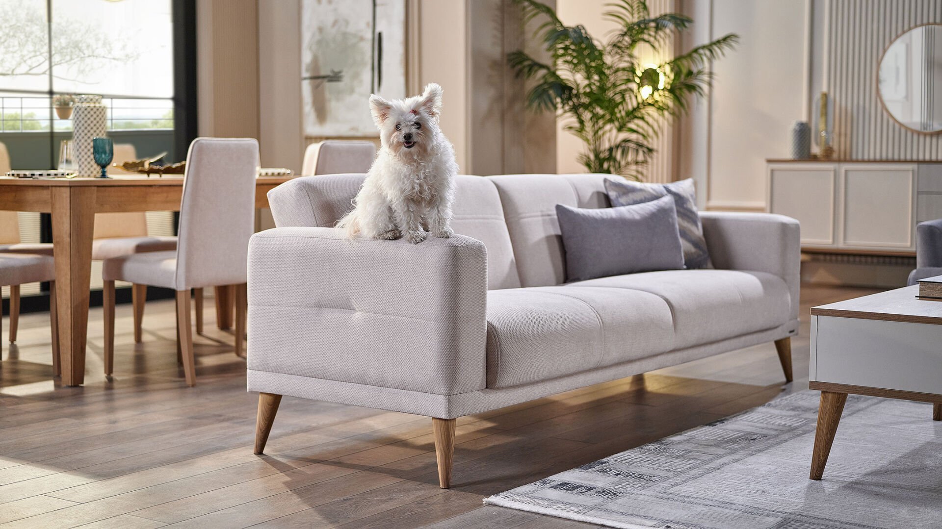 Caldera Üçlü Koltuk - Krem - Meşe Ayak