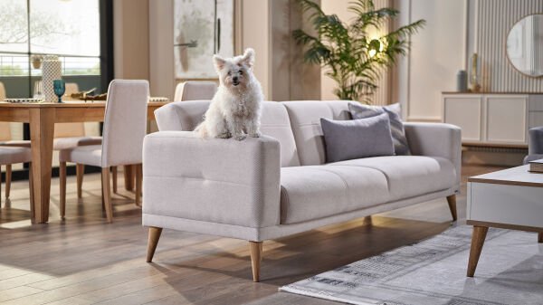 Caldera Üçlü Koltuk - Krem - Meşe Renk Ayak