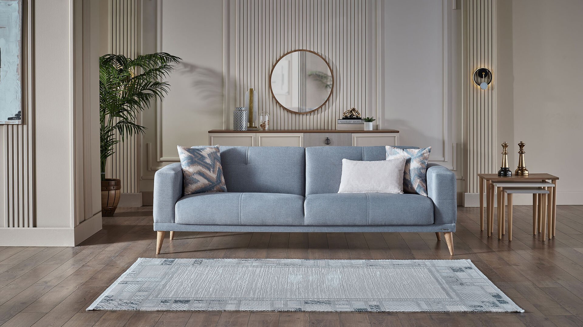 Caldera Üçlü Koltuk - Mavi - Meşe Renk Ayak