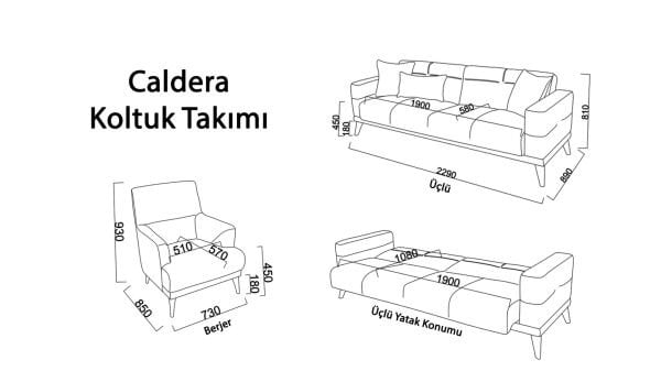 Caldera Üçlü Koltuk - Mavi - Meşe Renk Ayak