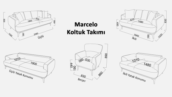 Marcelo Üçlü Koltuk - Gri - Meşe Renk Ayak