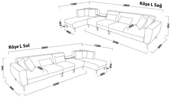 Orleon Köşe L Sağ - Gri - Meşe Renk Ayak