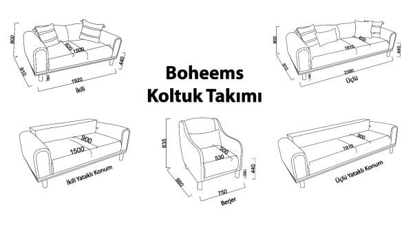 Boheems Üçlü Koltuk - Krem - Kiremit Kırlent