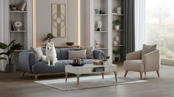 Mona Üçlü Koltuk - Mavi - Meşe Renk Ayak