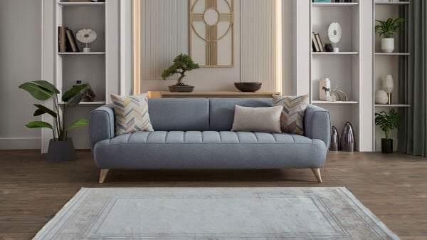 Mona Üçlü Koltuk - Mavi - Meşe Renk Ayak