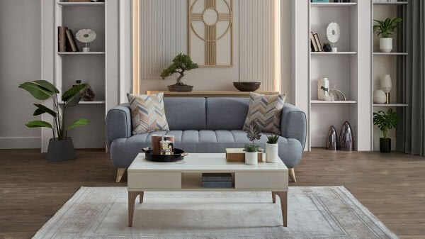 Mona İkili Koltuk - Mavi - Meşe Renk Ayak