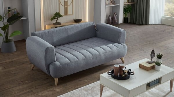 Mona İkili Koltuk - Mavi - Meşe Renk Ayak