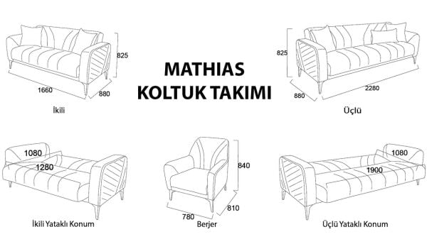 Mathias Üçlü Koltuk - Mavi Kırlent Gri