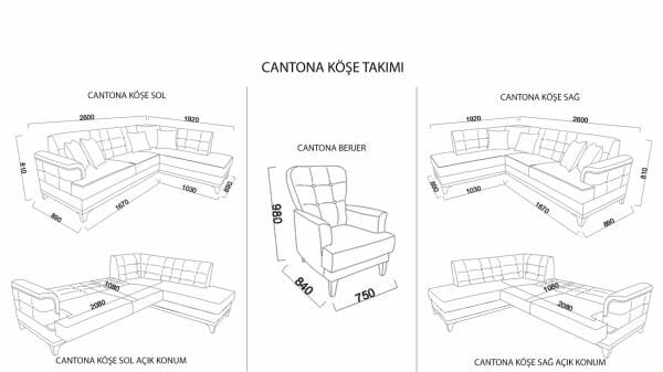 Cantona Köşe Sol Koltuk Gri