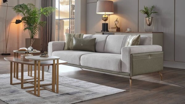 Montella Üçlü Koltuk - Vizon - Yeşil - Sarı Renk Ayak