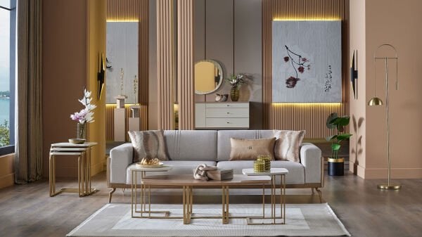 Montella Üçlü Koltuk - Vizon - Kahve - Sarı Renk Ayak