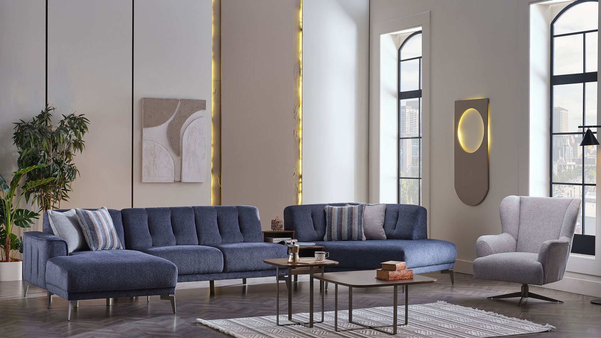 Atlanta Köşe Takımı Modüler - Lacivert - Bronz Ayak