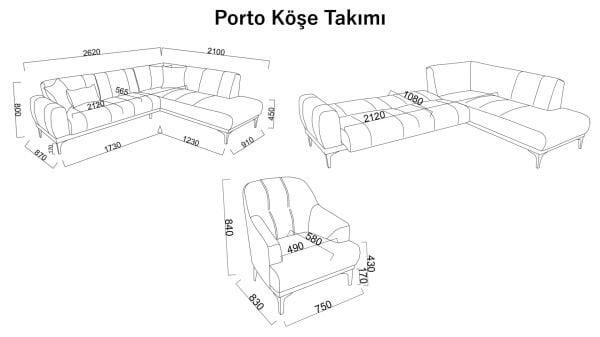 Porto Köşe Sol Koltuk - Gri - Meşe Renk Ayak