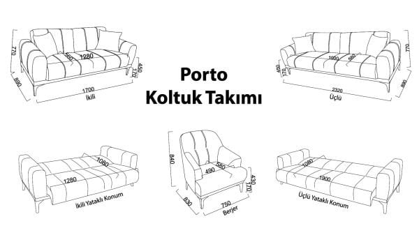 Porto Üçlü Koltuk - Krem - Meşe Renk Ayak