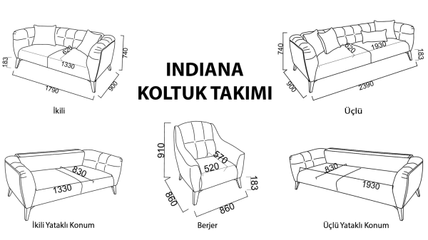 İndiana Üçlü Koltuk - Ceviz Ayak Gri
