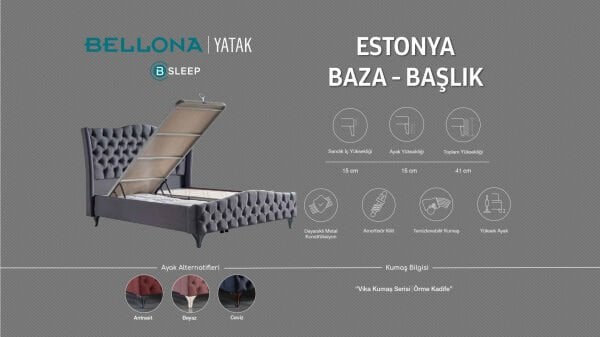 Estonya Baza Antrasit Renk Ayak 180X200 - Bordo