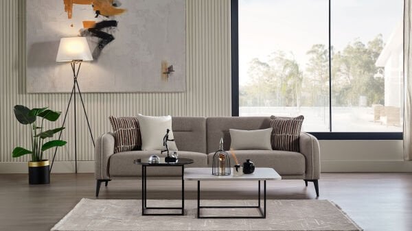 Riga Üçlü Koltuk - Vizon - Siyah Renk Ayak