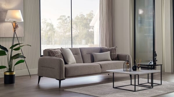 Riga Üçlü Koltuk - Vizon - Siyah Renk Ayak