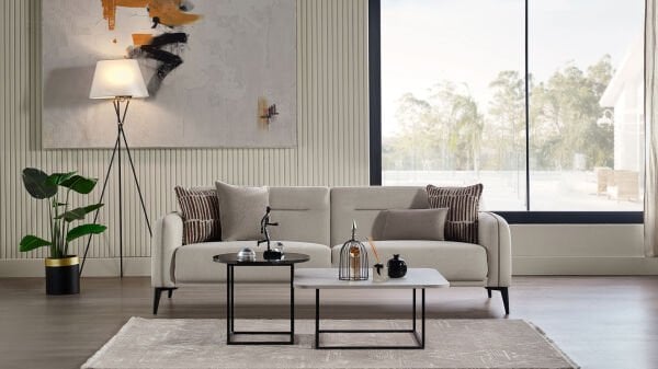 Riga Üçlü Koltuk - Krem - Siyah Renk Ayak