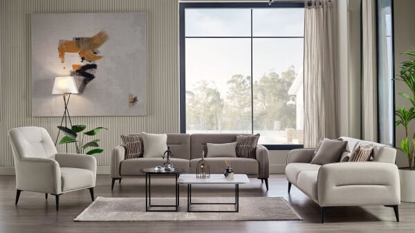 Riga Üçlü Koltuk - Krem - Siyah Renk Ayak