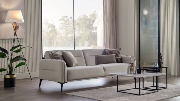 Riga Üçlü Koltuk - Krem - Siyah Renk Ayak