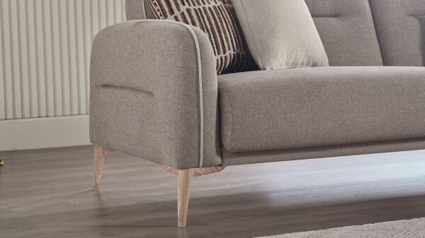 Riga Üçlü Koltuk - Krem - Meşe Renk Ayak