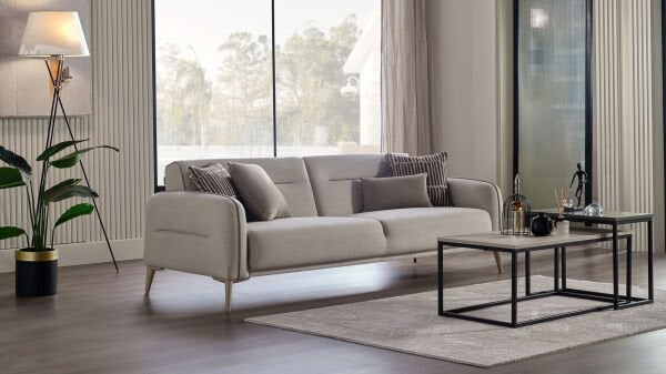 Riga Üçlü Koltuk - Krem - Meşe Renk Ayak