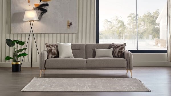 Riga Üçlü Koltuk - Vizon - Meşe Renk Ayak