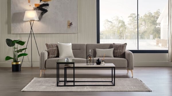 Riga Üçlü Koltuk - Vizon - Meşe Renk Ayak