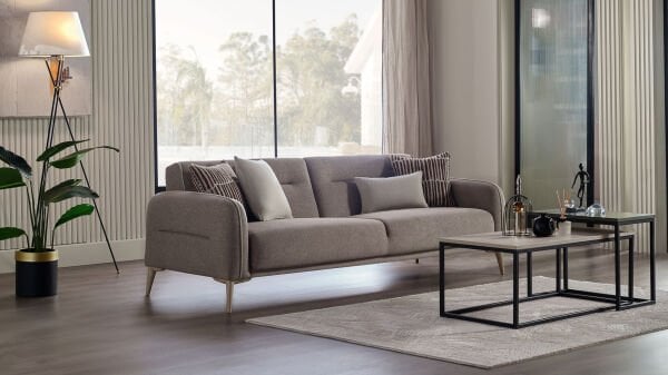 Riga Üçlü Koltuk - Vizon - Meşe Renk Ayak