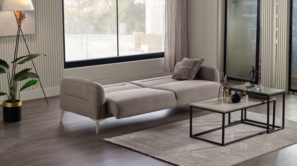 Riga Üçlü Koltuk - Vizon - Meşe Renk Ayak