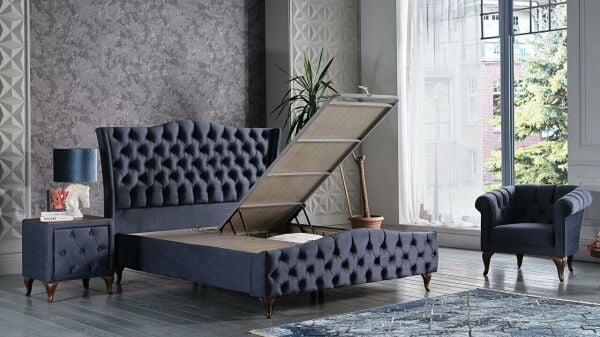 Estonya Baza Ceviz Renk Ayak 160X200 - Lacivert