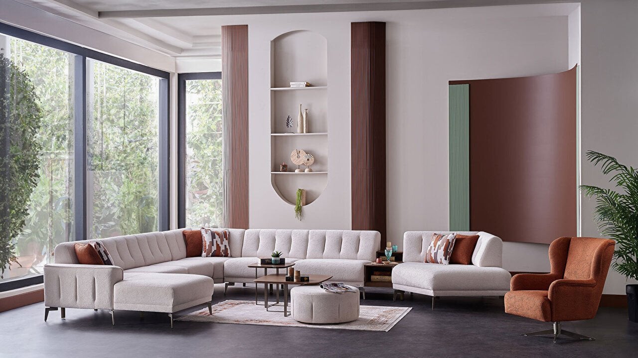 Atlanta Köşe Takımı Modüler - Krem - Bronz Renk Ayak