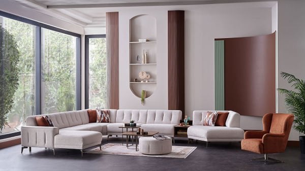 Atlanta Köşe Takımı Modüler - Krem - Bronz Renk Ayak