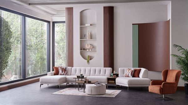 Atlanta Köşe Takımı Modüler - Krem - Bronz Renk Ayak