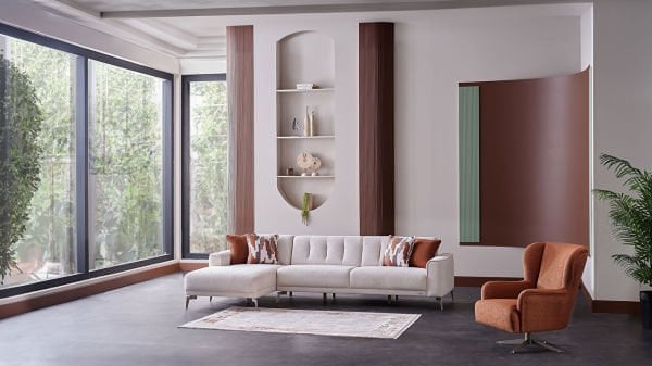 Atlanta Köşe Takımı Modüler - Krem - Bronz Renk Ayak