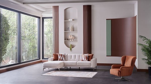 Atlanta Köşe Takımı Modüler - Krem - Bronz Renk Ayak