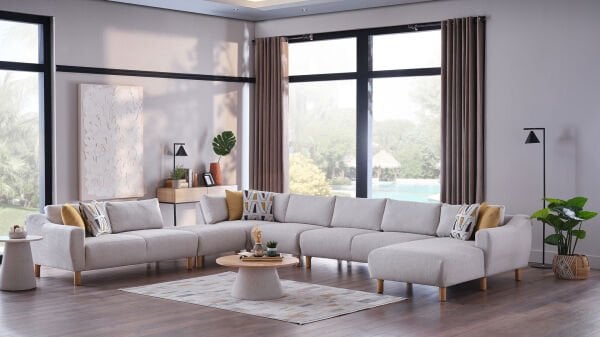 Sanvela Köşe Takımı Modüler - Krem - Meşe Renk Ayak