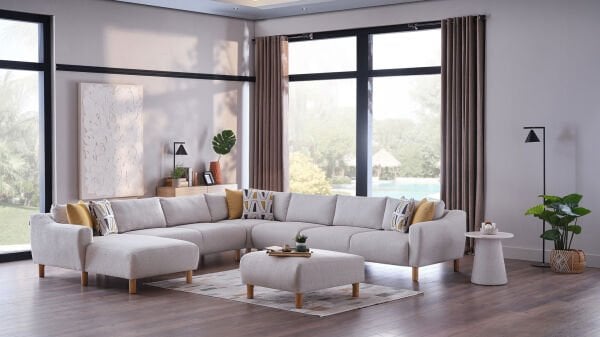 Sanvela Köşe Takımı Modüler - Krem - Meşe Renk Ayak