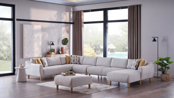 Sanvela Köşe Takımı Modüler - Krem - Meşe Renk Ayak