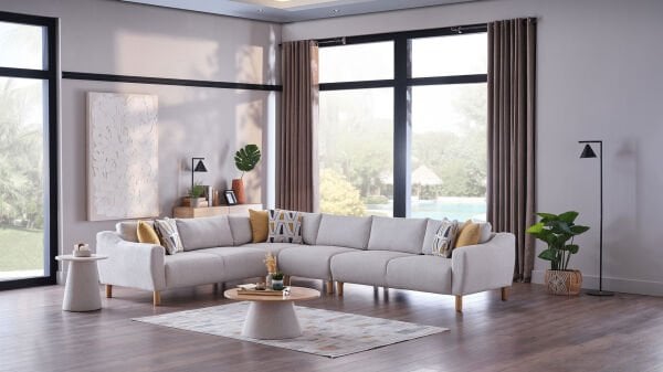 Sanvela Köşe Takımı Modüler - Krem - Meşe Renk Ayak