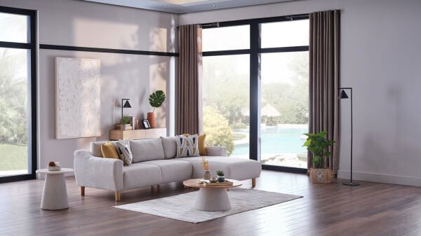 Sanvela Köşe Takımı Modüler - Krem - Meşe Renk Ayak